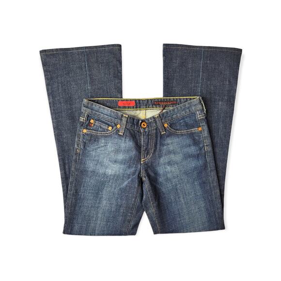 AG Adriano Goldschmied The Club Dark Wash Mid Rise Metallic Rose Flare Jeans 25R - Picture 1 of 7